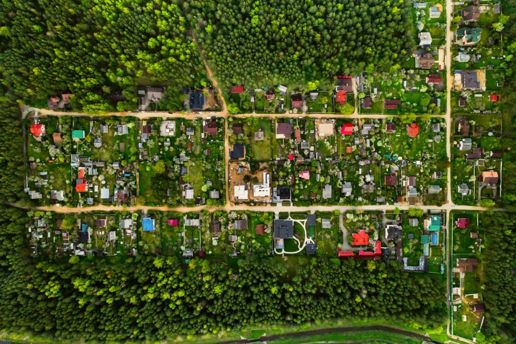 Aerial photography from above of a residential dacha village in the forest Suburban real estate in Belarus.Zhdanovichi Village 6.